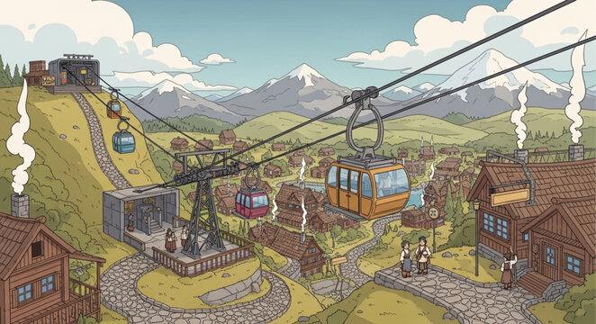 Mountain village with cable cars and ski lifts in the Alps.