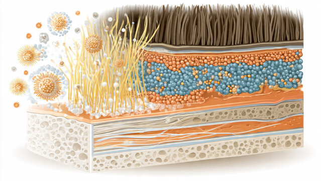 Detailed Cross-Section of Human Skin with layers, hair follicles, and cells in natural colors