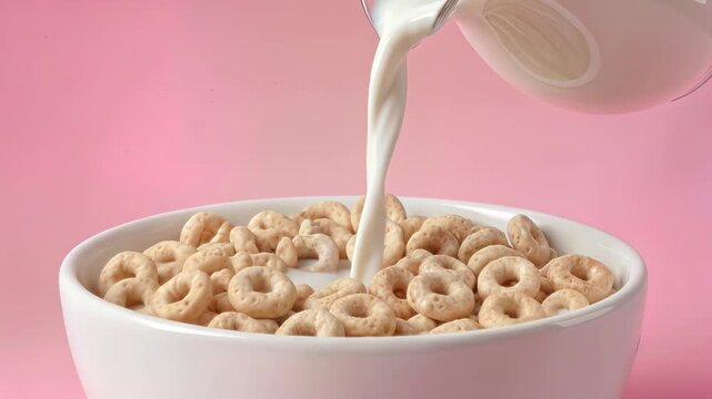 Milk pouring into bowl of cereal rings. Healthy breakfast preparation on pink background. Lockdown close-up shot.