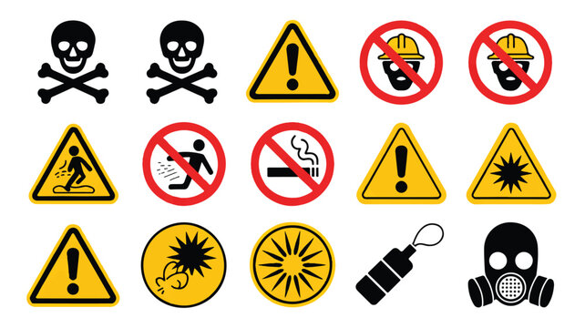 collection of warning signs and symbols for safety and hazard alerts