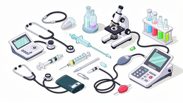 Medical Laboratory Equipment with Test Tubes Microscopes and Diagnostic Devices Set