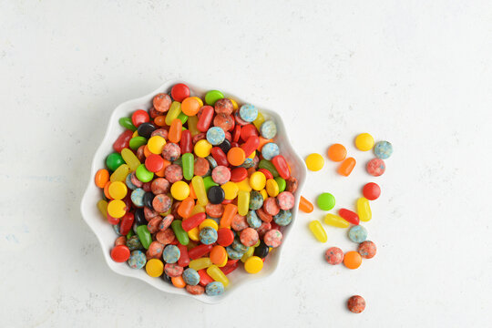 High angle view assorted candies in a bowl