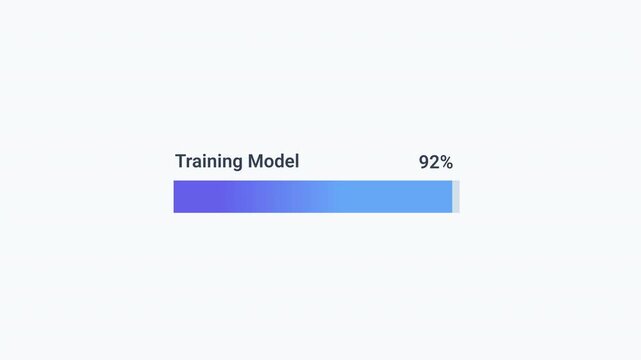 Animated AI model training progress bar with percentage display and gradient loading indicator. Clean flat motion graphic for machine learning workflows, artificial intelligence development, data proc