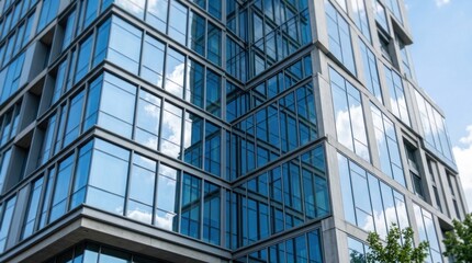Obraz premium A modern office building with glass windows and a blue sky in the background.