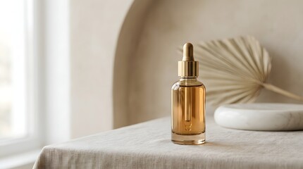 Naklejka premium Elegant Skincare Serum Bottle with Dropper on a Table with Decorative Background.