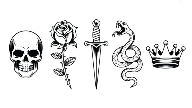 Tattoo designs of skull rose dagger snake and crown on white background