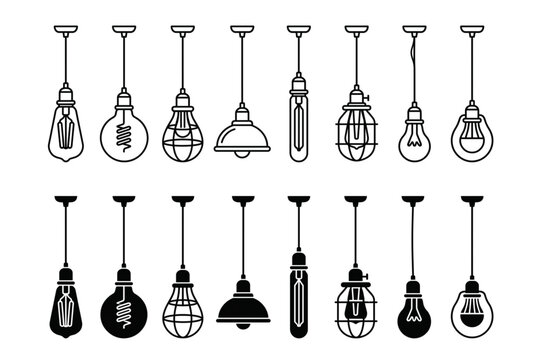Decorative hanging light bulb icon collection lighting symbols vector isolated on white