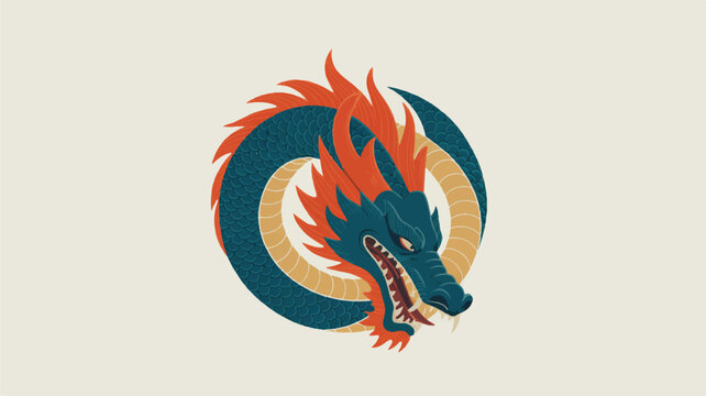 Teal dragon head with orange flames and sharp teeth on beige background