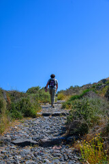 Naklejka premium Female hiker climbing the scenic Oia to Fira trail