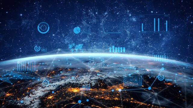 This captivating image illustrates Earth from space with digital overlays featuring graphs and charts, highlighting the fusion of technology and the natural world. Xenic