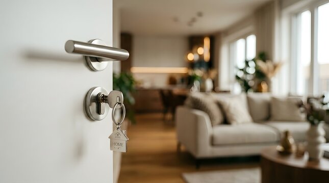 Open door with key in lock and home keychain, revealing bright modern living room