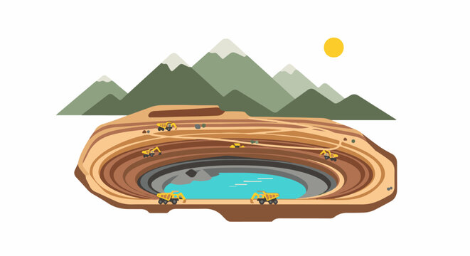 Open pit mine with excavators, trucks, and a water-filled crater under mountains