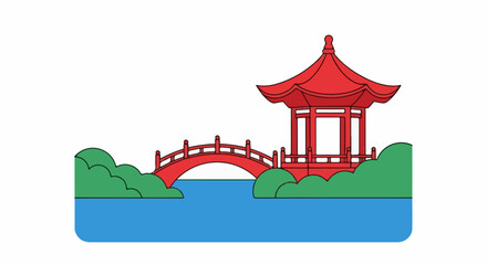 Obraz premium Stylized red pagoda bridge over blue water surrounded by green foliage