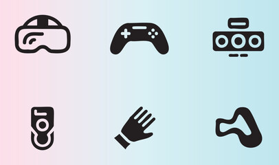 Collection of gaming and technology icons including vr controller gamepad and hand gestures © Munna