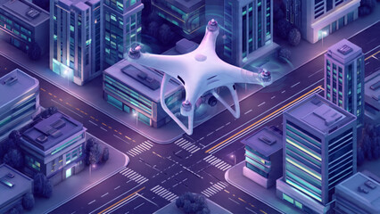 Futuristic drone hovering above illuminated city streets with modern skyscrapers at night © NanoCraft