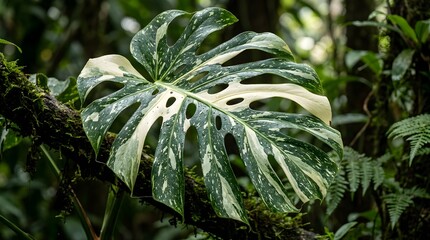 Fototapeta premium Variegated Monstera Deliciosa Leaf in Dense Tropical Rainforest