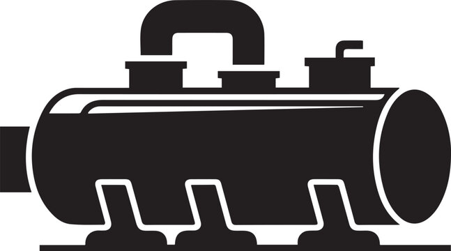 Industrial steam engine silhouette with pipes and valves on white background for engineering design