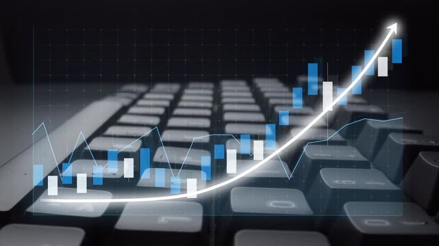 Visualization of financial growth features a keyboard and a digital graph demonstrating the rise in performance and data analysis relevant for business strategies. Copula