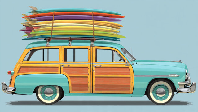 Vintage Station Wagon with Surfboards on Roof in Retro Style Bright Colors