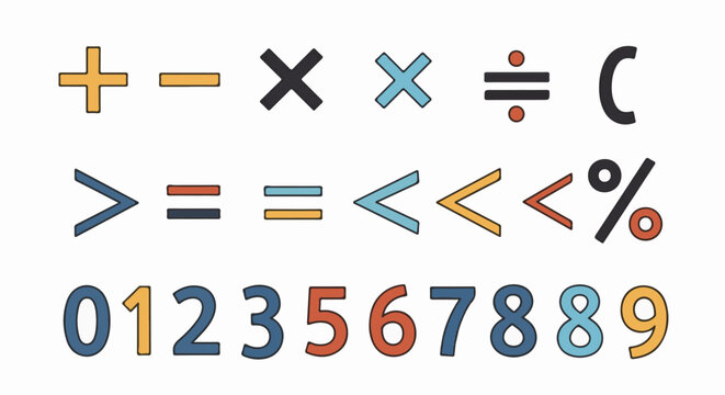 Colorful math symbols and numbers 0-9 with outline