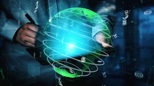 A business professional engages with a digital globe, highlighting environmental symbols and technology, representing a commitment to sustainability and innovation in strategy. Xenic