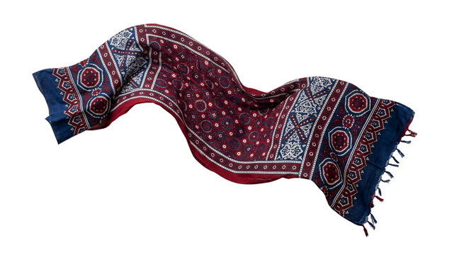 Traditional Sindhi Ajrak scarf with ethnic block print patterns, maroon and indigo blue cotton shawl, cultural Pakistani textile with geometric designs isolated PNG with Transparent Background