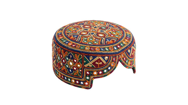 Traditional embroidered Sindhi topi with mirror work, ethnic handmade Pakistani cap, colorful folk art headwear with geometric patterns isolated PNG with Transparent Background