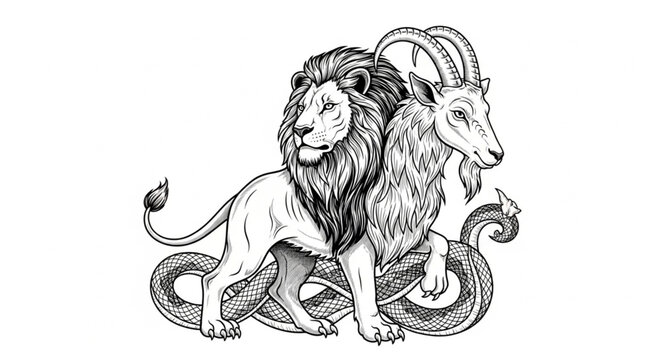 Mythical creature lion goat serpent hybrid zodiac symbol.
