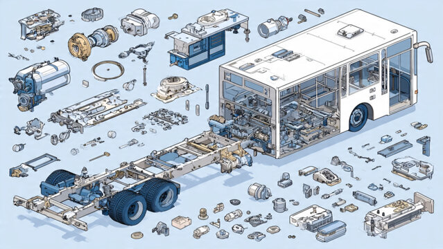 Detailed exploded view of electric bus parts highlighting internal components and assembly