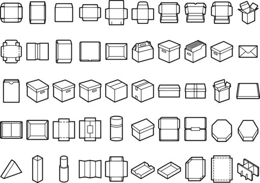 A collection of various packaging box designs and templates, including unfolded and assembled forms, presented in a clean, schematic illustration.