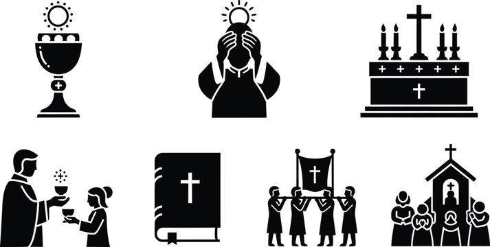 Christian church mass and liturgy solid icons set with priest communion chalice bible and religious elements