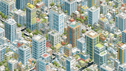 Fototapeta premium Aerial view of a modern urban cityscape with skyscrapers and colorful buildings during daytime