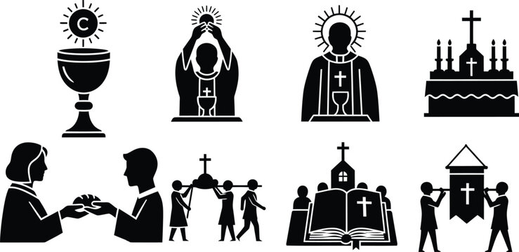 Catholic mass and holy communion liturgy solid icons set with priest eucharist church altar and religious elements