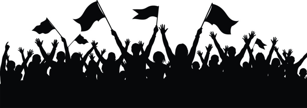 Cheering crowd silhouette with people raising hands and waving flags at a festival or demonstration