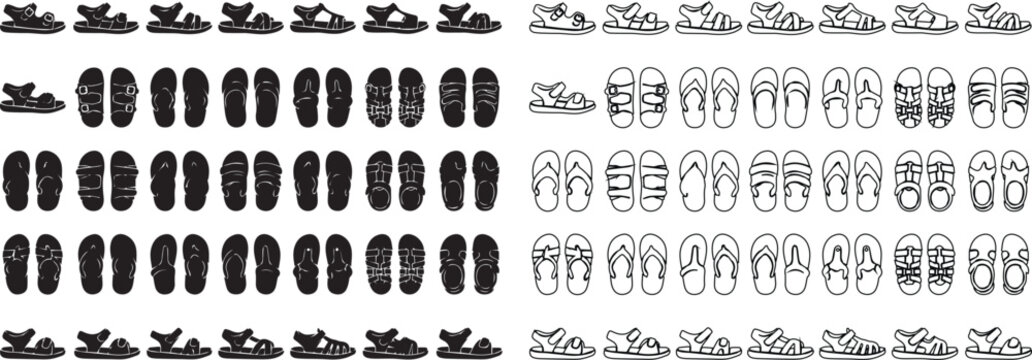 Minimalist sandal icon set, black silhouette and line art footwear collection, summer flip flop vector graphics for fashion retail and travel apps