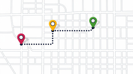 Fototapeta premium Minimalist map illustration showing colorful route markers and path on white grid background