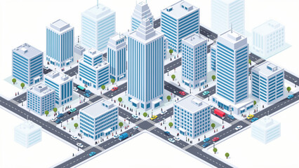 Isometric cityscape with modern blue skyscrapers and busy streets for urban development © Corex