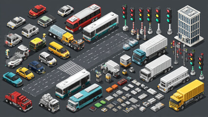 Detailed isometric view of diverse urban transportation vehicles including buses trucks cars at intersection © Fire On