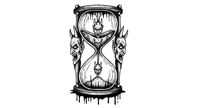 Hourglass with demonic figures and dripping sand.