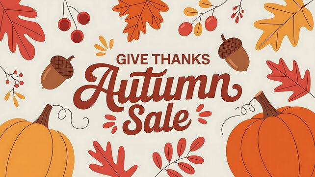 Creative Give Thanks Autumn Sale Flyer with Scattered Pumpkins and Leaves.