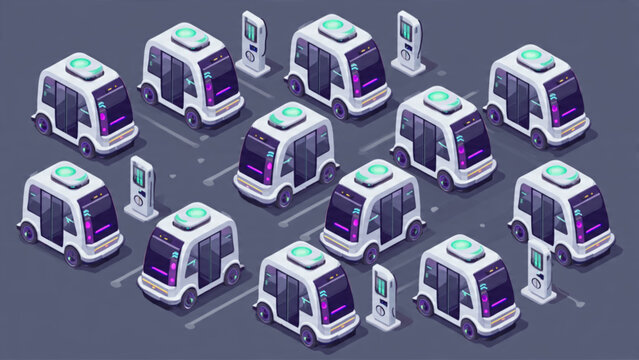 Futuristic autonomous delivery robots with sensors and charging stations on gray background
