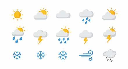 Obraz premium Weather icons representing sun, clouds, rain, snow, lightning, and wind