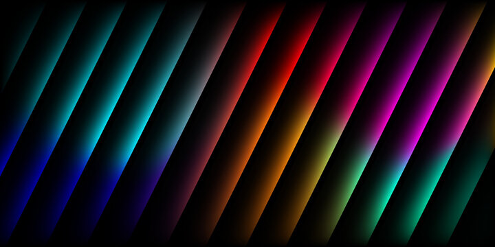 Abstract diagonal stripes background with glowing neon rainbow colors and dark shadows for creative designs.
