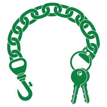 A detailed graphic illustration of a sturdy green metal chain with a functional hook at one end and two house keys attached to a keyring on the other end isolated on a white background