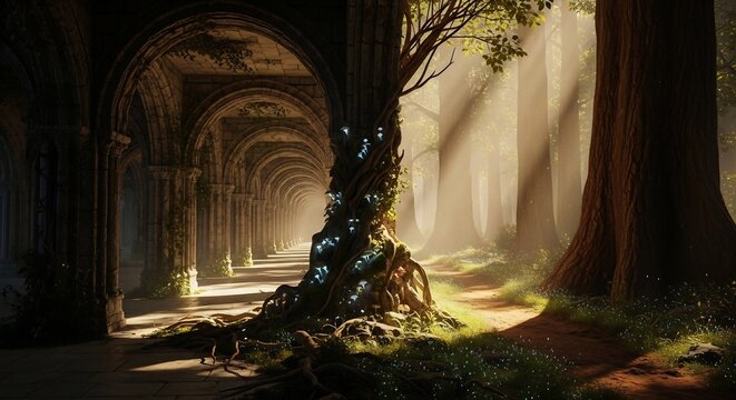 Enchanted Forest Temple with Ancient Tree and Sunbeams.
