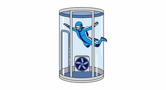 Person in a blue suit floats inside a transparent vertical wind tunnel