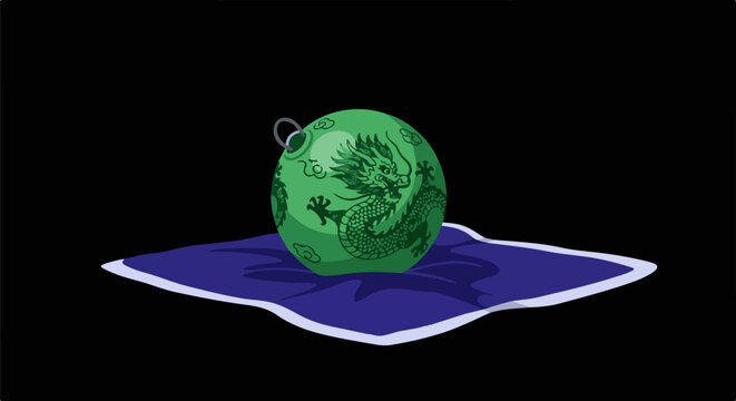 Green orb with dragon carving on blue cloth