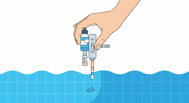 Hand holding pool water testing kit over tiled water surface