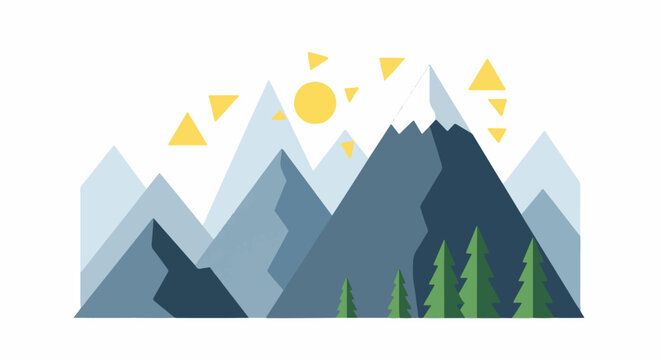 Geometric mountains with a sun and scattered triangles, featuring green trees