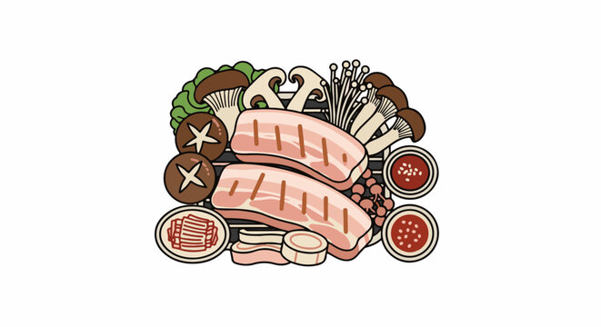 Grilled pork belly, shiitake mushrooms, enoki mushrooms, and dipping sauces